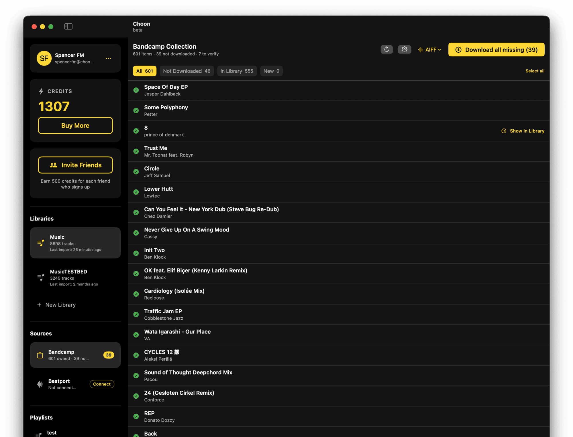 Choon Mac app showing a Bandcamp collection of 601 tracks with a Download All Missing button and per-track download status